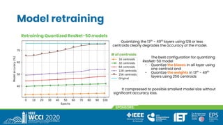 Model retraining
Retraining Quantized ResNet-50 models
Quantizing the 13th
- 49th
layers using 128 or less
centroids clearly degrades the accuracy of the model.
The best configuration for quantizing
ResNet-50 model
- Quantize the biases in all layer using
one centroid and
- Quantize the weights in 13th
- 49th
layers using 256 centroids
It compressed to possible smallest model size without
significant accuracy loss.
# of centroids
 