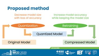 Proposed method
Quantization Retraining
Original Model Compressed Model
Quantized Model
Decrease model size
with loss of accuracy
Increase model accuracy
while keeping the model size
 