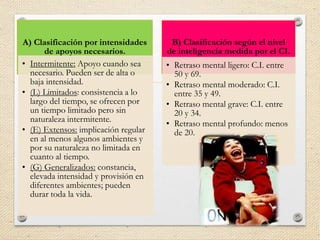 A) Clasificación por intensidades
de apoyos necesarios.
• Intermitente: Apoyo cuando sea
necesario. Pueden ser de alta o
baja intensidad.
• (L) Limitados: consistencia a lo
largo del tiempo, se ofrecen por
un tiempo limitado pero sin
naturaleza intermitente.
• (E) Extensos: implicación regular
en al menos algunos ambientes y
por su naturaleza no limitada en
cuanto al tiempo.
• (G) Generalizados: constancia,
elevada intensidad y provisión en
diferentes ambientes; pueden
durar toda la vida.
B) Clasificación según el nivel
de inteligencia medida por el CI.
• Retraso mental ligero: C.I. entre
50 y 69.
• Retraso mental moderado: C.I.
entre 35 y 49.
• Retraso mental grave: C.I. entre
20 y 34.
• Retraso mental profundo: menos
de 20.
 