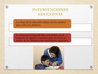 INTERVENCIONES
EDUCATIVAS
Los fines de la educación deben ser los mismos
para todos los alumnos.
La Educación Especial debe convertirse en el
conjunto de apoyos y recursos para favorecer el
acceso de los alumnos con necesidades especiales.
 