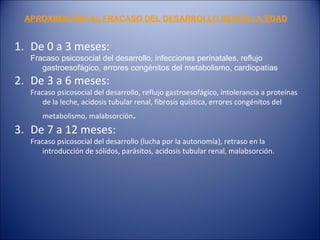 De 0 a 3 meses:  Fracaso psicosocial del desarrollo, infecciones perinatales, reflujo gastroesofágico, errores congénitos del metabolismo, cardiopatías De 3 a 6 meses: Fracaso psicosocial del desarrollo, reflujo gastroesofágico, intolerancia a proteínas de la leche, acidosis tubular renal, fibrosis quística, errores congénitos del metabolismo, malabsorción . De 7 a 12 meses: Fracaso psicosocial del desarrollo (lucha por la autonomía), retraso en la introducción de sólidos, parásitos, acidosis tubular renal ,  malabsorción . APROXIMACIÓN AL FRACASO DEL DESARROLLO SEGÚN LA EDAD 