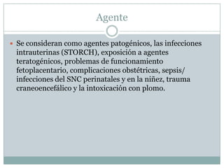 AgenteSe consideran como agentes patogénicos, las infecciones intrauterinas (STORCH), exposición a agentes teratogénicos, problemas de funcionamiento fetoplacentario, complicaciones obstétricas, sepsis/ infecciones del SNC perinatales y en la niñez, trauma craneoencefálico y la intoxicación con plomo.