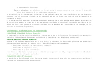 el funcionamiento individual.

         –Factores educativos: se relacionan con la existencia de apoyos educativos para promover el desarrollo
             mental y el desarrollo de las habilidades adaptativas.
La prevalencia de la discapacidad intelectual en la población varía de forma significativa en los diferentes
entornos y en las distintas cultural. Se ha comprobado que en los países que están en vías de desarrollo su
incidencia es mayor.
El 3% de la población manifiesta un retardo intelectual antes de los 18 años; retardo mental severo: afecta al 0'3%
de la población general y a casi el 3% de las personas que poseen un coeficiente intelectual por debajo de 70.
Muchos de estos niños presentan trastornos asociados que se expresan en alteraciones en la conducta, en las
emociones o trastornos psiquiátricos.


CARACTERÍSTICAS Y MANIFESTACIONES DEL COMPORTAMIENTO
DISCAPACIDAD INTELECTUAL (primera dimensión)
La capacidad intelectual clasifica, planifica y razona; es la que ha de interpretar la comprensión del pensamiento
abstracto, y se encarga del aprendizaje partiendo de la experiencia o del aprendizaje automatizado.
CONDUCTA ADAPTATIVA (segunda dimensión)
Permite a las personas desenvolverse en la vida diaria, y representa las habilidades prácticas que poseen para
resolver problemas derivados del entorno social. TRES CATEGORÍAS QUE LA COMPLEMENTAN:
      - Habilidades cognitivas, de comunicación y académicas.
      - Habilidades de competencia social.
      - Habilidades de la vida independiente.
Parte de estas habilidades adaptativas están limitadas en las personas con R.M, y se pueden manifestar dificultades
en una o en todas las categorías enunciadas.
PROBLEMAS DE SALUD (3ª dimensión)
La aparición de la enfermedad altera la propia salud y condiciona el desarrollo del comportamiento habilitador,
afectando las áreas mencionadas anteriormente.
 