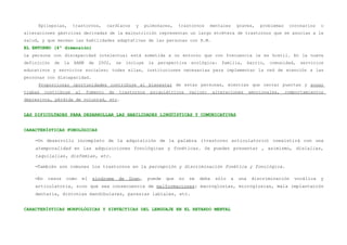 Epilepsias,        trastornos,        cardíacos      y      pulmonares,    trastornos     mentales      graves,    problemas    coronarios   o
alteraciones gástricas derivadas de la malnutrición representan un largo etcétera de trastornos que se asocian a la
salud, y que merman las habilidades adaptativas de las personas con R.M.
EL ENTORNO (4ª dimensión)
La persona con discapacidad intelectual está sometida a un entorno que con frecuencia le es hostil. En la nueva
definición   de    la   AAMR       de   2002,    se    incluye    la   perspectiva   ecológica:     familia,       barrio,   comunidad,   servicios
educativos y servicios sociales; todas ellas, instituciones necesarias para implementar la red de atención a las
personas con discapacidad.
     Proporcionar oportunidades contribuye al bienestar de estas personas, mientras que cerrar puertas y poner
trabas    contribuye     al    fomento      de    trastornos       psiquiátricos     varios:     alteraciones      emocionales,     comportamientos
depresivos, pérdida de voluntad, etc.


LAS DIFICULTADES PARA DESARROLLAR LAS HABILIDADES LINGÜÍSTICAS Y COMUNICATIVAS


CARACTERÍSTICAS FONOLÓGICAS

    –Un desarrollo incompleto de la adquisición de la palabra (trastorno articulatorio) coexistirá con una
    atemporalidad en las adquisiciones fonológicas y fonéticas. Se pueden presentar , asimismo, dislalias,
    taquilalias, disfemias, etc.

    –También son comunes los trastornos en la percepción y discriminación fonética y fonológica.

    –En    casos   como       el    síndrome      de    Down,     puede   que   no   se   deba    sólo   a   una    discriminación     vocálica   y
    articulatoria, sino que sea consecuencia de malformaciones: macroglosias, microglosias, mala implantación
    dentaria, distonías mandibulares, paresias labiales, etc.


CARACTERÍSTICAS MORFOLÓGICAS Y SINTÁCTICAS DEL LENGUAJE EN EL RETARDO MENTAL
 