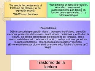 *Se asocia frecuentemente al         *Rendimiento en lectura (precisión,
  trastorno del cálculo y al de             velocidad, comprensión)
       expresión escrita.                sustancialmente por debajo en
                                        función de su escolaridad, CI y
     *60-80% son hombres                        edad cronológica




                                *Antecedentes:
    Déficit sensorial (percepción visual), procesos lingüísticos, atención,
memoria, presentan distorsiones, sustituciones, omisiones y lentitud en la
     lectura, se asocia con retrasos del desarrollo del lenguaje, con el
  trastorno del desarrollo de la coordinación, predisposiciones genéticas,
        lesiones perinatales, enfermedades neurológicas y médicas
 (Envenenamiento por plomo, síndrome alcohólico fetal o síndrome de X
                                     frágil).




                          Trastorno de la
                              lectura
 