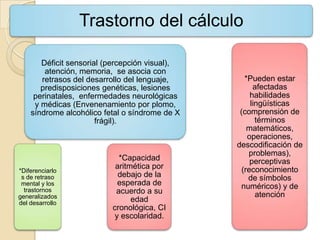 Trastorno del cálculo

       Déficit sensorial (percepción visual),
        atención, memoria, se asocia con
       retrasos del desarrollo del lenguaje,       *Pueden estar
       predisposiciones genéticas, lesiones           afectadas
     perinatales, enfermedades neurológicas          habilidades
     y médicas (Envenenamiento por plomo,            lingüísticas
    síndrome alcohólico fetal o síndrome de X    (comprensión de
                       frágil).                        términos
                                                    matemáticos,
                                                    operaciones,
                                                descodificación de
                                                    problemas),
                            *Capacidad               perceptivas
                           aritmética por         (reconocimiento
*Diferenciarlo
 s de retraso               debajo de la            de símbolos
 mental y los               esperada de           numéricos) y de
  trastornos               acuerdo a su
generalizados                                          atención
del desarrollo
                                edad
                          cronológica, CI
                           y escolaridad.
 