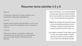 Resumen tema estrofas 4,5 y 6
Verso 4:
Comienza a describir su estilo poético como
inspiración a Ronsard (simbolismo).
Verso 5:
Explica que la poesía sale del alma y no se crea
como un puzle. No le gusta lo vacío, le gusta lo
creativo.
Verso 6:
Duda si es clásico o romántico. Llega a la
conclusión que da igual que lo que quiere es
que sus versos lleguen al espíritu de los
lectores.
 