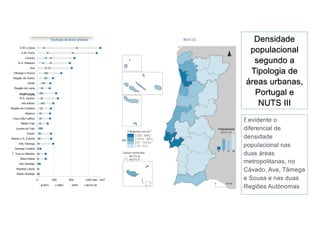 Densidade
populacional
segundo a
Tipologia de
áreas urbanas,
Portugal e
NUTS III
É	evidente o
diferencial de
densidade
populacional nas
duas áreas
metropolitanas, no
Cávado, Ave, Tâmega
e Sousa e nas duas
Regiões Autónomas
 