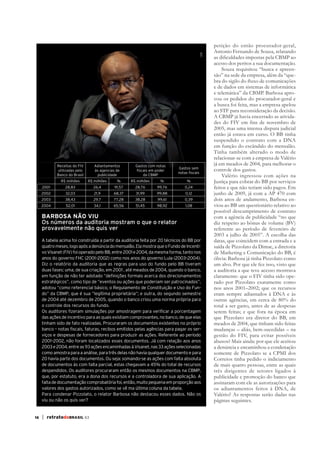 petição do então procurador-geral,
                                                                                                  Antonio Fernando de Souza, relatando




                                                                                            STF
                                                                                                     Souza requisitou “busca e apreen-
                                                                                                                                     -


                                                                                                                                     -
                                                                                                  vou os pedidos do procurador-geral e


                                                                                                                                        -




             Receitas do FIV      Adiantamentos       Gastos com notas
                                                                            Gastos sem
             utilizadas pelo      às agencias de      fiscais em poder
                                                                            notas fiscais
             Banco do Brasil       publicidade            da CBMP
               R$ milhões      R$ milhões     %     R$ milhões     %             %
     2001        28,83           26,4       91,57     28,76      99,76          0,24
     2002        32,03            21,9      68,37     31,99      99,88          0,12
     2003        38,43            29,7      77,28     38,28      99,61          0,39                                                    -
     2004        52,01            34,1      65,56     51,45      98,92          1,08

     BARBOSA NÃO VIU
     Os números da auditoria mostram o que o relator
     provavelmente não quis ver
     A tabela acima foi construída a partir da auditoria feita por 20 técnicos do BB por
     quatro meses, logo após a denúncia do mensalão. Ela mostra que o Fundo de Incenti-
     vo Visanet (FIV) foi operado pelo BB, entre 2001 e 2004, da mesma forma, tanto nos
     anos do governo FHC (2001–2002) como nos anos do governo Lula (2003–2004).
     Diz o relatório da auditoria que as regras para uso do fundo pelo BB tiveram
     duas fases: uma, de sua criação, em 2001 , até meados de 2004, quando o banco,
     em função de não ter adotado “definições formais acerca dos direcionamentos                                                        -
     estratégicos”, como tipo de “eventos ou ações que poderiam ser patrocinados”,
     adotou “como referencial básico, o Regulamento de Constituição e Uso do Fun-                 nos anos 2001–2002; que os recursos
     do” da CBMP, que é sua “legítima proprietária”; e outra, do segundo semestre
     de 2004 até dezembro de 2005, quando o banco criou uma norma própria para
     o controle dos recursos do fundo.                                                            total a ser gasto, antes de as despesas
     Os auditores fizeram simulações por amostragem para verificar a porcentagem
     das ações de incentivo para as quais existiam comprovantes, no banco, de que elas
     tinham sido de fato realizadas. Procuraram os documentos existentes no próprio
     banco – notas fiscais, faturas, recibos emitidos pelas agências para pagar os ser-
     viços e despesas de fornecedores para produzir as ações. Referente ao período                gestão do FIV, para evitar possíveis
     2001–2002, não foram localizados esses documentos. Já com relação aos anos
     2003 e 2004, entre as 93 ações encaminhadas à Visanet, nas 33 ações selecionadas
     como amostra para a análise, para três delas não havia qualquer documento e para
     20 havia parte dos documentos. Ou seja: somando-se as ações com falta absoluta
     de documentos às com falta parcial, estas chegavam a 45% do total de recursos
     despendidos. Os auditores procuraram então os mesmos documentos na CBMP,
     que, por estatuto, era a dona dos recursos e a controladora de sua aplicação. A
     falta de documentação comprobatória foi, então, muito pequena em proporção aos
     valores dos gastos autorizados, como se vê ma última coluna da tabela.
     Para condenar Pizzolato, o relator Barbosa não destacou esses dados. Não os
     viu ou não os quis ver?


16   | retratodoBRASIL 63
 