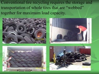 Conventional tire recycling requires the storage and
transportation of whole tires that are “webbed”
together for maximum load capacity.




                                                   12
 