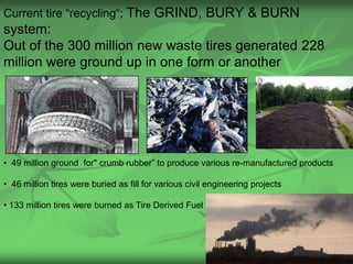 Current tire “recycling“; The GRIND, BURY & BURN
system:
Out of the 300 million new waste tires generated 228
million were ground up in one form or another




• 49 million ground for" crumb rubber” to produce various re-manufactured products

• 46 million tires were buried as fill for various civil engineering projects

• 133 million tires were burned as Tire Derived Fuel (TDF)



                                                                                8
 