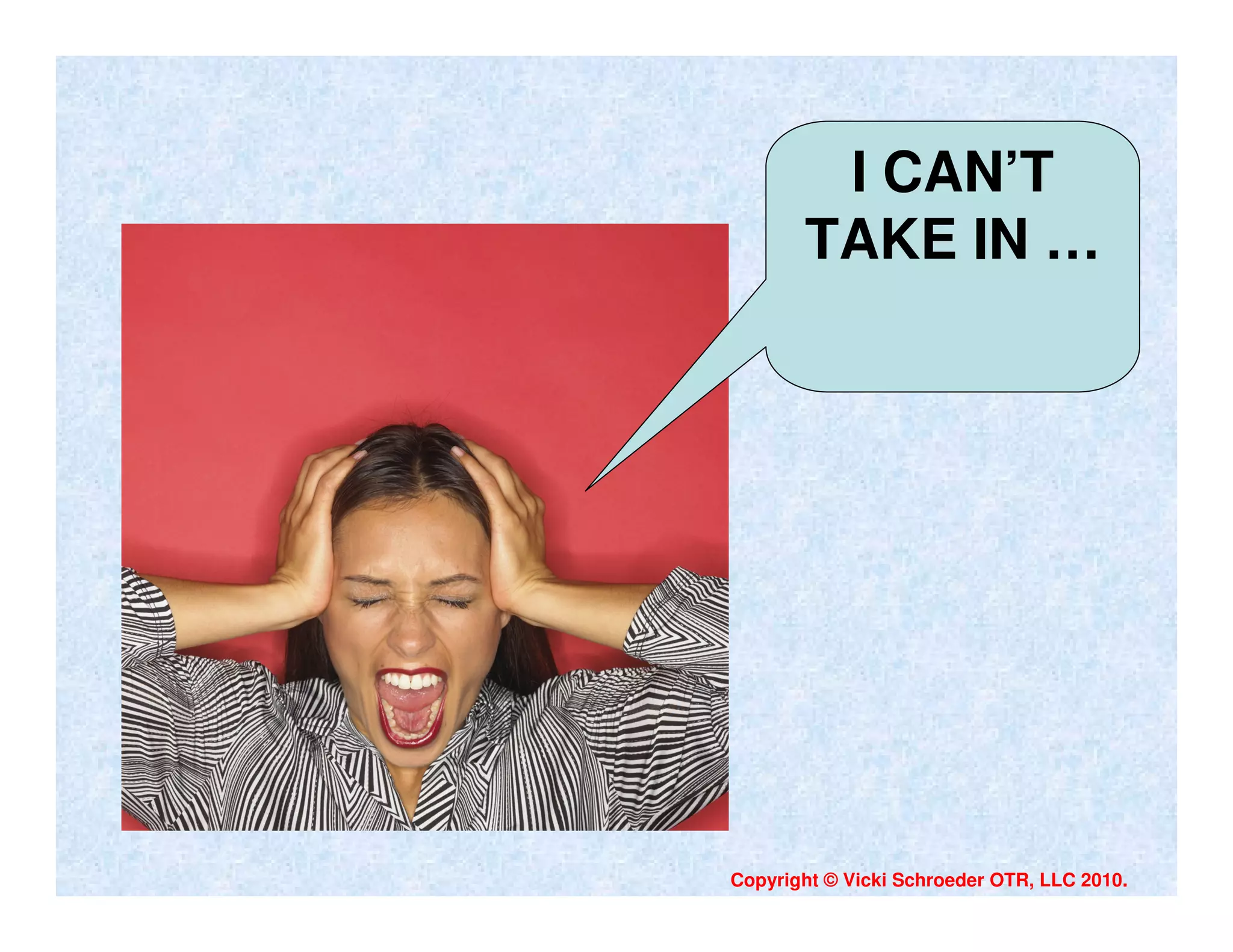 I CAN’T
       TAKE IN …




Copyright © Vicki Schroeder OTR, LLC 2010.
 