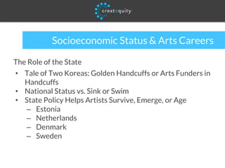 Socioeconomic Status & Arts Careers
The Role of the State
• Tale of Two Koreas: Golden Handcuffs or Arts Funders in
Handcuffs
• National Status vs. Sink or Swim
• State Policy Helps Artists Survive, Emerge, or Age
– Estonia
– Netherlands
– Denmark
– Sweden
 