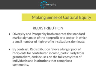 Making Sense of Cultural Equity
REDISTRIBUTION
● Diversity and Prosperity both embrace the standard
market dynamics of the nonprofit arts sector, in which
a small number of high-profile institutions dominate.
● By contrast, Redistribution favors a larger pool of
recipients for contributed income, particularly from
grantmakers, and focuses on the full ecosystem of
individuals and institutions that comprise a
community.
 