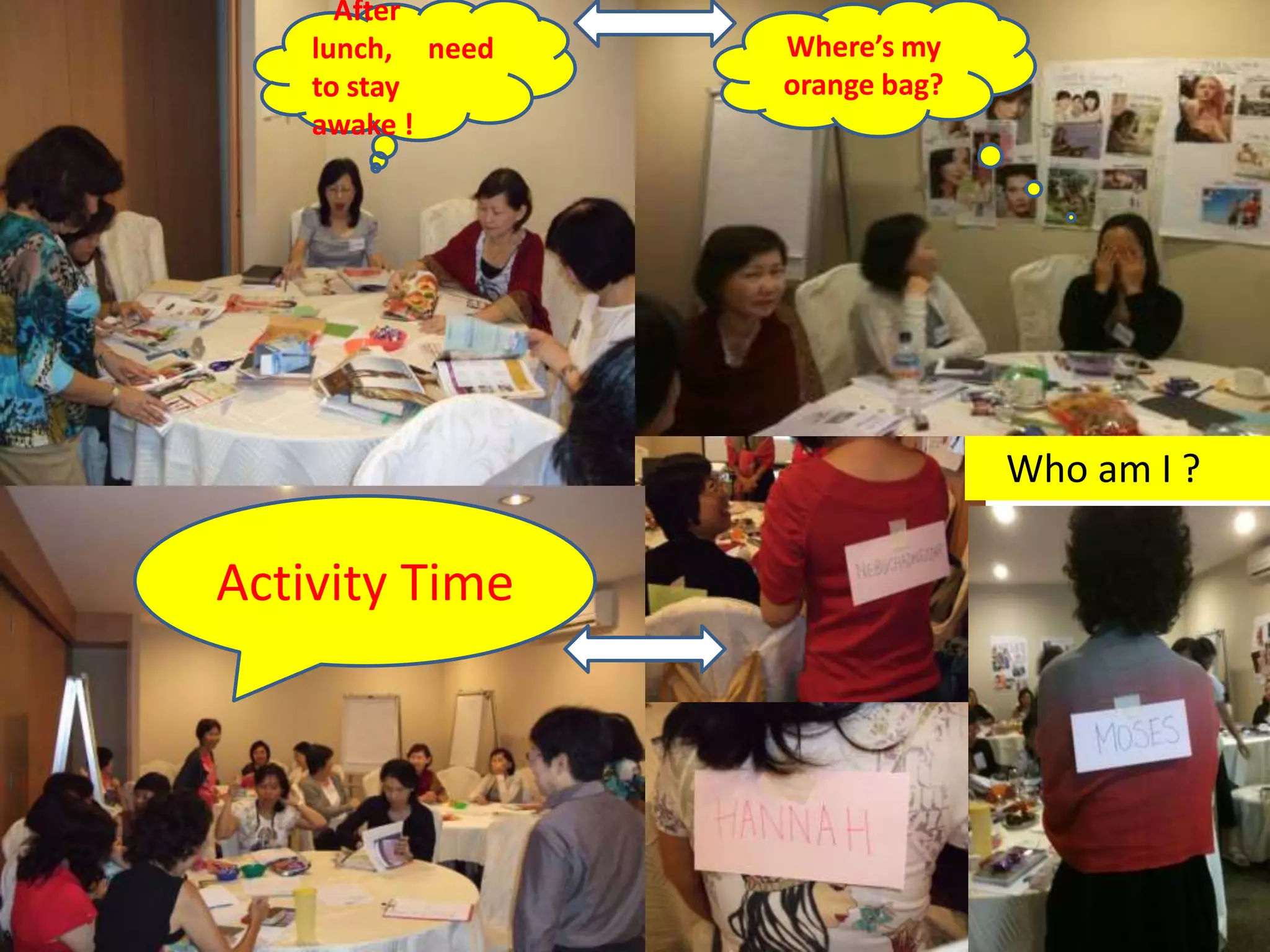 After
    lunch, need   Where’s my
    to stay       orange bag?
    awake !




                                Who am I ?

Activity Time
 