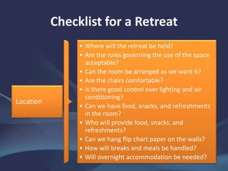 Checklist for a Retreat
Location
• Where will the retreat be held?
• Are the rules governing the use of the space
acceptable?
• Can the room be arranged as we want it?
• Are the chairs comfortable?
• Is there good control over lighting and air
conditioning?
• Can we have food, snacks, and refreshments
in the room?
• Who will provide food, snacks, and
refreshments?
• Can we hang flip chart paper on the walls?
• How will breaks and meals be handled?
• Will overnight accommodation be needed?
 