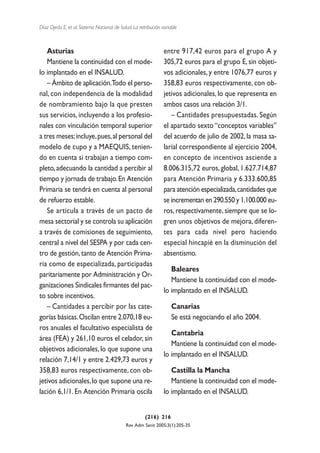 Díaz Ojeda E, et al. Sistema Nacional de Salud. La retribución variable



   Asturias                                                     entre 917,42 euros para el grupo A y
   Mantiene la continuidad con el mode-                         305,72 euros para el grupo E, sin objeti-
lo implantado en el INSALUD.                                    vos adicionales, y entre 1076,77 euros y
   – Ámbito de aplicación.Todo el perso-                        358,83 euros respectivamente, con ob-
nal, con independencia de la modalidad                          jetivos adicionales, lo que representa en
de nombramiento bajo la que presten                             ambos casos una relación 3/1.
sus servicios, incluyendo a los profesio-                          – Cantidades presupuestadas. Según
nales con vinculación temporal superior                         el apartado sexto “conceptos variables”
a tres meses; incluye, pues, al personal del                    del acuerdo de julio de 2002, la masa sa-
modelo de cupo y a MAEQUIS, tenien-                             larial correspondiente al ejercicio 2004,
do en cuenta si trabajan a tiempo com-                          en concepto de incentivos asciende a
pleto, adecuando la cantidad a percibir al                      8.006.315,72 euros, global, 1.627.714,87
tiempo y jornada de trabajo. En Atención                        para Atención Primaria y 6.333.600,85
Primaria se tendrá en cuenta al personal                        para atención especializada,cantidades que
de refuerzo estable.                                            se incrementan en 290.550 y 1.100.000 eu-
   Se articula a través de un pacto de                          ros, respectivamente, siempre que se lo-
mesa sectorial y se controla su aplicación                      gren unos objetivos de mejora, diferen-
a través de comisiones de seguimiento,                          tes para cada nivel pero haciendo
central a nivel del SESPA y por cada cen-                       especial hincapié en la disminución del
tro de gestión, tanto de Atención Prima-                        absentismo.
ria como de especializada, participadas
                                                                   Baleares
paritariamente por Administración y Or-
                                                                   Mantiene la continuidad con el mode-
ganizaciones Sindicales firmantes del pac-
                                                                lo implantado en el INSALUD.
to sobre incentivos.
   – Cantidades a percibir por las cate-                            Canarias
gorías básicas. Oscilan entre 2.070,18 eu-                          Se está negociando el año 2004.
ros anuales el facultativo especialista de
                                                                   Cantabria
área (FEA) y 261,10 euros el celador, sin
                                                                   Mantiene la continuidad con el mode-
objetivos adicionales, lo que supone una
                                                                lo implantado en el INSALUD.
relación 7,14/1 y entre 2.429,73 euros y
358,83 euros respectivamente, con ob-                              Castilla la Mancha
jetivos adicionales, lo que supone una re-                         Mantiene la continuidad con el mode-
lación 6,1/1. En Atención Primaria oscila                       lo implantado en el INSALUD.


                                                      (216) 216
                                            Rev Adm Sanit 2005;3(1):205-35
 