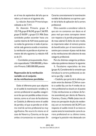 Díaz Ojeda E, et al. Sistema Nacional de Salud. La retribución variable



en el mes de septiembre del año que se            Canarias concretamente la incentivación
valora y el resto en el siguiente año.            variable de facultativos se suprime a par-
   La relación Atención Primaria/espe-            tir de la fecha de aplicación de la carrera
cializada es de 7,14/1.                           profesional.
   En Atención Primaria: grupo A                      Otra cuestión a considerar sobre la
155.718, grupo B 96.545, grupo C 66.959,          que aún no contamos con datos es el
grupo D 56.059 y grupo E 51.906. Estas            peso real que estos conceptos tienen
cantidades podían ascender hasta una              con respecto a la partida presupuestaria
cuantía máxima de 4,64 veces puesto que           de masa salarial. O, dicho de otro modo,
no todas las gerencias ni todo el perso-          es importante saber el número preciso
nal de cada gerencia accedía a incentivos.        de beneficiados por el mencionado in-
La retribución se percibe en el primer se-        centivo para conocer el peso real de éste
mestre del año siguiente. La relación A/E         en las retribuciones del colectivo de esta
es de 3/1.                                        categoría profesional.
   – Cantidades presupuestadas. Aten-                 Para las distintas categorías profesio-
ción especializada: 7.304.000.000, y Aten-        nales-tipo podemos destacar lo siguiente:
ción Primaria: 3.805.000.000 pesetas                  1. Facultativo especialista de área
                                                  (grupo A). Considerando la variación que
Repercusión de la retribución                     introduce la carrera profesional, se ob-
variable en el conjunto                           serva que (fig. 1, tabla 2):
de las retribuciones percibidas                       – Cataluña, que parte de la ultima po-
                                                  sición entre las distintas CCAA en cuan-
   Dado el diferente peso que adquiere            to a sueldo fijo, con los 4 niveles de ca-
en el sueldo la incentivación variable y la       rrera profesional se situaría en el puesto
carrera profesional en aquellas categorí-         15 (las retribuciones se ordenan de for-
as en las que son posibles ambas circuns-         ma ascendente), por detrás de Navarra,
tancias, como es el caso de facultativos          Canarias y Ceuta y Melilla (estas tres úl-
en Cataluña, la diferencia entre el sueldo        timas con percepción de plus de residen-
de partida y el que se percibe en el últi-        cia), con un incremento del 36,24 % con
mo nivel de carrera profesional es muy            respecto al sueldo inicial. Si se tiene en
significativa. No ocurre lo mismo en el           cuenta tanto la incentivación como la ca-
caso de Navarra y Canarias, en las que            rrera profesional en su último tramo,
ambas circunstancias no coexisten. En             consigue la posición más destacada con


                                         (221) 221
                                Rev Adm Sanit 2005;3(1):205-35
 
