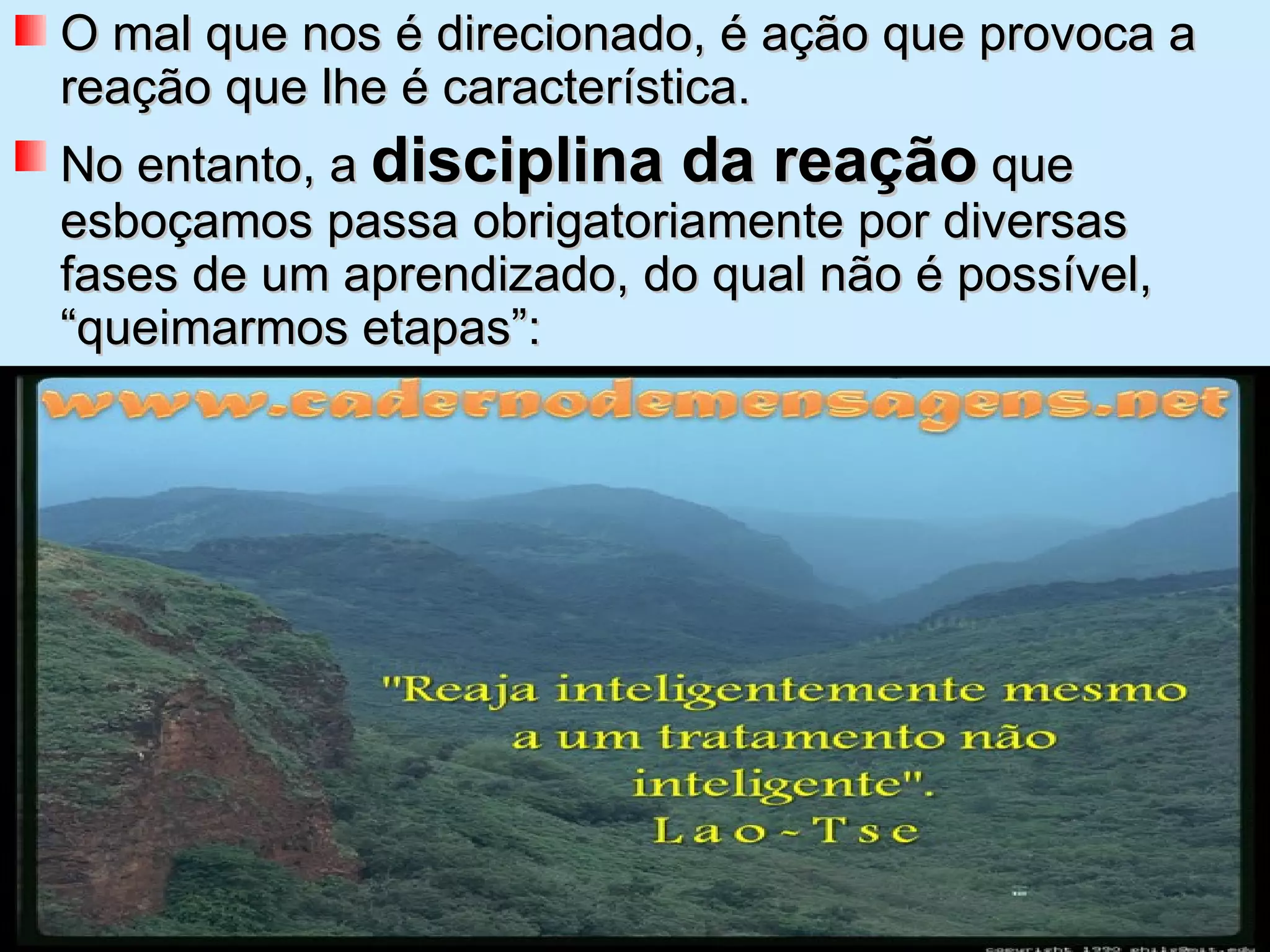 O mal que nos é direcionado, é ação que provoca a reação que lhe é característica.  No entanto, a  disciplina da reação  que esboçamos passa obrigatoriamente por diversas fases de um aprendizado, do qual não é possível, “queimarmos etapas”: 
