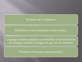 Perdoar não é esquecer;
Relembrar o fato aumenta a nossa ferida ;
O apego à ofensa propicia ao ofendido a oportunidade
de carregar sozinho a chaga em que ela se constitui.
“Perdoar é bom para quem perdoa.”
 