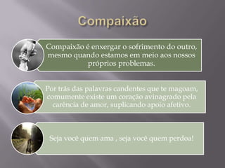 Compaixão é enxergar o sofrimento do outro,
mesmo quando estamos em meio aos nossos
próprios problemas.
Por trás das palavras candentes que te magoam,
comumente existe um coração avinagrado pela
carência de amor, suplicando apoio afetivo.
Seja você quem ama , seja você quem perdoa!
 