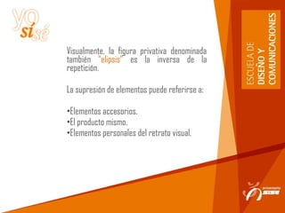 Visualmente, la figura privativa denominada
también “elipsis” es la inversa de la
repetición.
La supresión de elementos puede referirse a:
•Elementos accesorios.
•El producto mismo.
•Elementos personales del retrato visual.
 