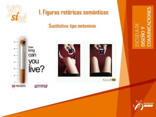 1. Figuras retóricas semánticas
Sustitutiva: tipo metonimia
 