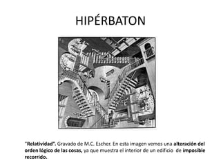 HIPÉRBATON
“Relatividad”. Gravado de M.C. Escher. En esta imagen vemos una alteración del
orden lógico de las cosas, ya que muestra el interior de un edificio de imposible
recorrido.
 