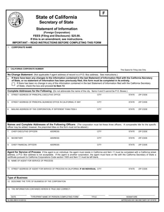 F
State of California
Secretary of State
Statement of Information
(Foreign Corporation)
FEES (Filing and Disclosure): $25.00.
If this is an amendment, see instructions.
IMPORTANT – READ INSTRUCTIONS BEFORE COMPLETING THIS FORM
1. CORPORATE NAME
2. CALIFORNIA CORPORATE NUMBER
This Space for Filing Use Only
No Change Statement (Not applicable if agent address of record is a P.O. Box address. See instructions.)
3. If there have been any changes to the information contained in the last Statement of Information filed with the California Secretary
of State, or no statement of information has been previously filed, this form must be completed in its entirety.
If there has been no change in any of the information contained in the last Statement of Information filed with the California Secretary
of State, check the box and proceed to Item 13.
Complete Addresses for the Following (Do not abbreviate the name of the city. Items 4 and 5 cannot be P.O. Boxes.)
4. STREET ADDRESS OF PRINCIPAL EXECUTIVE OFFICE CITY STATE ZIP CODE
5. STREET ADDRESS OF PRINCIPAL BUSINESS OFFICE IN CALIFORNIA, IF ANY CITY STATE ZIP CODE
6. MAILING ADDRESS OF THE CORPORATION, IF DIFFERENT THAN ITEM 4 CITY STATE ZIP CODE
6. EMAIL ADDRESS FOR RECEIVING STATUTORY NOTIFICATIONS
Names and Complete Addresses of the Following Officers (The corporation must list these three officers. A comparable title for the specific
officer may be added; however, the preprinted titles on this form must not be altered.)
7. CHIEF EXECUTIVE OFFICER/ ADDRESS CITY STATE ZIP CODE
8. SECRETARY ADDRESS CITY STATE ZIP CODE
9. CHIEF FINANCIAL OFFICER/ ADDRESS CITY STATE ZIP CODE
Agent for Service of Process If the agent is an individual, the agent must reside in California and Item 11 must be completed with a California street
address, a P.O. Box address is not acceptable. If the agent is another corporation, the agent must have on file with the California Secretary of State a
certificate pursuant to California Corporations Code section 1505 and Item 11 must be left blank.
10. NAME OF AGENT FOR SERVICE OF PROCESS
11. STREET ADDRESS OF AGENT FOR SERVICE OF PROCESS IN CALIFORNIA, IF AN INDIVIDUAL CITY STATE ZIP CODE
Type of Business
12. DESCRIBE THE TYPE OF BUSINESS OF THE CORPORATION
13. THE INFORMATION CONTAINED HEREIN IS TRUE AND CORRECT.
DATE TYPE/PRINT NAME OF PERSON COMPLETING FORM TITLE SIGNATURE
SI-350 (REV 01/2013) APPROVED BY SECRETARY OF STATE
F115484
FILED
In the office of the Secretary of State
of the State of California
SEP-05 2014
INFORMATION HUMANITIES, INC.
C3685370
5200 W. CENTURY BLVD 7TH FLOOR, LOS ANGELES, CA 90045
5200 W. CENTURY BLVD 7TH FLOOR, LOS ANGELES, CA 90045
PHILEMON CHEN 5200 W. CENTURY BLVD 7TH FLOOR, LOS ANGELES, CA 90045
PHILEMON CHEN 5200 W. CENTURY BLVD 7TH FLOOR, LOS ANGELES, CA 90045
PHILEMON CHEN 5200 W. CENTURY BLVD 7TH FLOOR, LOS ANGELES, CA 90045
[Note: The person designated as the corporation's agent MUST have agreed to act in that capacity prior to the designation.]
CALIFORNIA CORPORATE AGENTS, INC.
ELECTRONIC MEDIA PUBLISHER
09/05/2014 ALYSSA PADIA WALLES COO
 