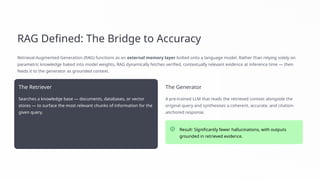 RAG Defined: The Bridge to Accuracy
Retrieval-Augmented Generation (RAG) functions as an external memory layer bolted onto a language model. Rather than relying solely on
parametric knowledge baked into model weights, RAG dynamically fetches verified, contextually relevant evidence at inference time — then
feeds it to the generator as grounded context.
The Retriever
Searches a knowledge base — documents, databases, or vector
stores — to surface the most relevant chunks of information for the
given query.
The Generator
A pre-trained LLM that reads the retrieved context alongside the
original query and synthesises a coherent, accurate, and citation-
anchored response.
Result: Significantly fewer hallucinations, with outputs
grounded in retrieved evidence.
 