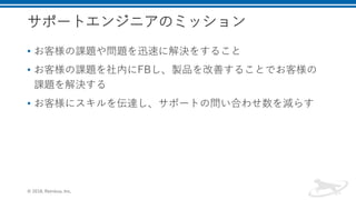 サポートエンジニアのミッション
• お客様の課題や問題を迅速に解決をすること
• お客様の課題を社内にFBし、製品を改善することでお客様の
課題を解決する
• お客様にスキルを伝達し、サポートの問い合わせ数を減らす
© 2018, Retrieva, Inc.
 