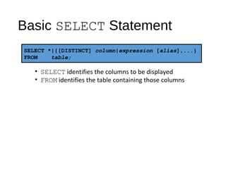 Retrieving data using the sql select statement | PPT