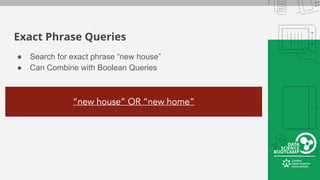 Exact Phrase Queries
● Search for exact phrase “new house”
● Can Combine with Boolean Queries
 