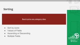 Sorting
● Sort by score
● Values of Fields
● Ascending or Descending
● Multiple Fields
 