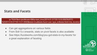 Stats and Facets
● Can get aggregations on various fields
● From Solr 5.x onwards, stats on pivot facets is also available
● See https://lucidworks.com/blog/you-got-stats-in-my-facets/ for
a great explanation of faceting
 