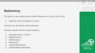Relevancy
Our goal is to give users relevant results Relevance is a soft or fuzzy thing
● Depends upon the judgment of users
Scoring is our attempt to predict relevance
Similarity classes hold the implementations
● DefaultSimilarity ( TF-IDF )
● BM25Similarity
● DFRSimilarity
● IBSimilarity
● LMDirichletSimilarity
● LMJelinekMercerSimilarity
 