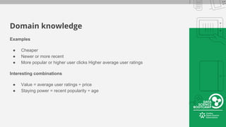 Domain knowledge
Examples
● Cheaper
● Newer or more recent
● More popular or higher user clicks Higher average user ratings
Interesting combinations
● Value = average user ratings ÷ price
● Staying power = recent popularity ÷ age
 