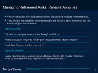 Managing Retirement Risks: Variable Annuities Variable annuities offer long-term solutions that can help mitigate retirement risks.  They provide the flexibility of participating in the market’s growth potential and the security of guaranteed income. Other features: Potential to grow your money faster through tax-deferral Protection against longevity risk by providing guaranteed lifetime income* Death benefit protection for your heirs*  Optional benefits: Living benefit options, available at an additional fee, to help provide predictable levels of income protection, regardless of market conditions* * Guarantees are based on the claims-paying ability of the issuing insurance company and are not based on the investment portfolios. 