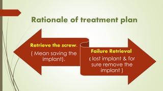 Rationale of treatment plan
Retrieve the screw.
( Mean saving the
implant).
Failure Retrieval
( lost implant & for
sure remove the
implant )
 