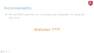 Inconvenients
➢ Plus de 1000 watchers sur une page, peut degrader l’UI (angular-
tips.com)
Watcher ????
 
