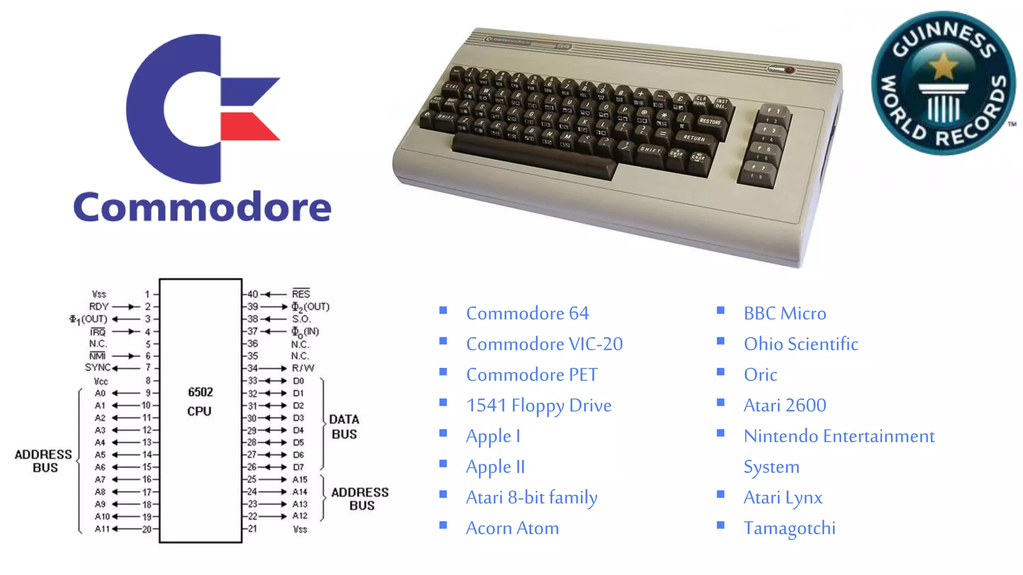  Commodore 64
 Commodore VIC-20
 Commodore PET
 1541 Floppy Drive
 Apple I
 Apple II
 Atari 8-bit family
 Acorn Atom
 BBC Micro
 Ohio Scientific
 Oric
 Atari 2600
 Nintendo Entertainment
System
 Atari Lynx
 Tamagotchi
 
