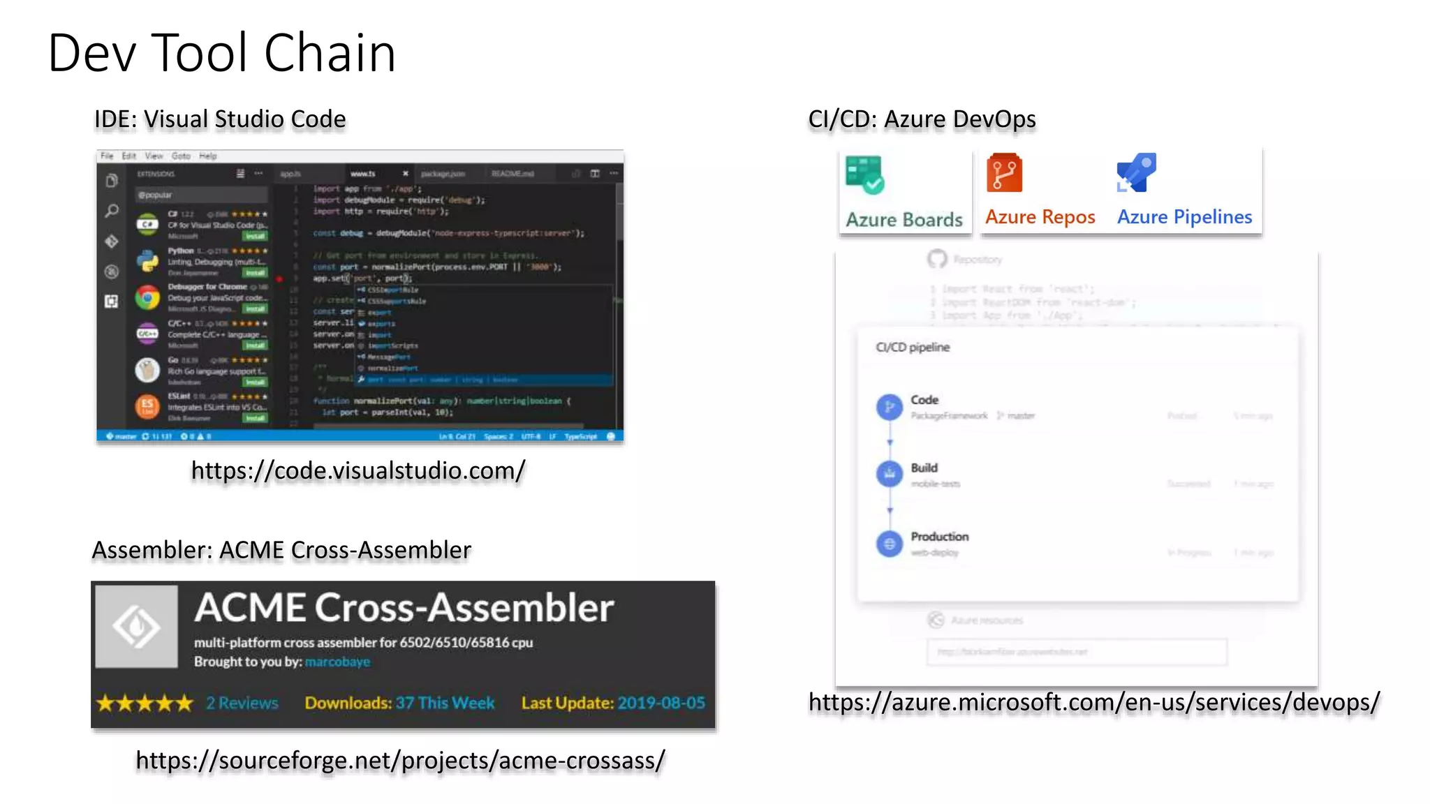 Dev Tool Chain
https://code.visualstudio.com/
IDE: Visual Studio Code
https://sourceforge.net/projects/acme-crossass/
Assembler: ACME Cross-Assembler
https://azure.microsoft.com/en-us/services/devops/
CI/CD: Azure DevOps
 
