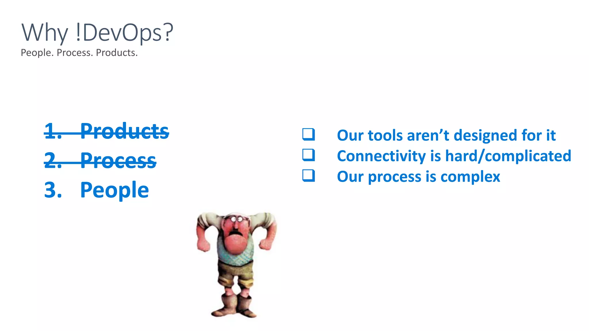 People. Process. Products.
Why !DevOps?
1. Products
2. Process
3. People
 Our tools aren’t designed for it
 Connectivity is hard/complicated
 Our process is complex
1. Products
2. Process
3. People
1. Products
2. Process
3. People
 