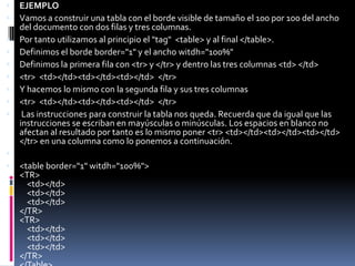    EJEMPLO
   Vamos a construir una tabla con el borde visible de tamaño el 100 por 100 del ancho
    del documento con dos filas y tres columnas.
   Por tanto utilizamos al principio el "tag" <table> y al final </table>.
   Definimos el borde border="1" y el ancho witdh="100%"
   Definimos la primera fila con <tr> y </tr> y dentro las tres columnas <td> </td>
   <tr> <td></td><td></td><td></td> </tr>
   Y hacemos lo mismo con la segunda fila y sus tres columnas
   <tr> <td></td><td></td><td></td> </tr>
    Las instrucciones para construir la tabla nos queda. Recuerda que da igual que las
    instrucciones se escriban en mayúsculas o minúsculas. Los espacios en blanco no
    afectan al resultado por tanto es lo mismo poner <tr> <td></td><td></td><td></td>
    </tr> en una columna como lo ponemos a continuación.

   <table border="1" witdh="100%">
    <TR>
      <td></td>
      <td></td>
      <td></td>
    </TR>
    <TR>
      <td></td>
      <td></td>
      <td></td>
    </TR>
 