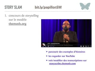 STORY SLAM
1. concours de storytelling
sur le modèle
themoth.org
➤ parcourir des exemples d’histoires
➤ les regarder sur Y...