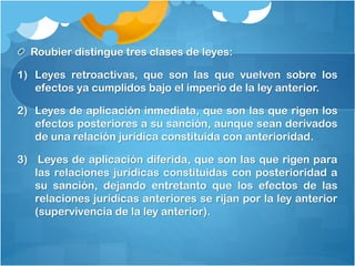 Roubier distingue tres clases de leyes:
1) Leyes retroactivas, que son las que vuelven sobre los
efectos ya cumplidos bajo el imperio de la ley anterior.
2) Leyes de aplicación inmediata, que son las que rigen los
efectos posteriores a su sanción, aunque sean derivados
de una relación jurídica constituida con anterioridad.
3) Leyes de aplicación diferida, que son las que rigen para
las relaciones jurídicas constituidas con posterioridad a
su sanción, dejando entretanto que los efectos de las
relaciones jurídicas anteriores se rijan por la ley anterior
(supervivencia de la ley anterior).
 
