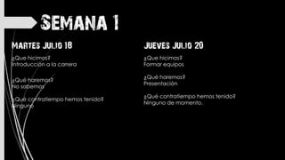 Semana 1
Jueves Julio 20
¿Que hicimos?
Formar equipos
¿Qué haremos?
Presentación
¿Qué contratiempo hemos tenido?
Ninguno de momento.
Martes Julio 18
¿Que hicimos?
Introducción a la carrera
¿Qué haremos?
No sabemos
¿Qué contratiempo hemos tenido?
Ninguno
 