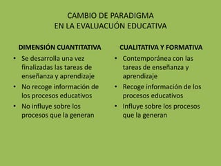 CAMBIO DE PARADIGMA
            EN LA EVALUACUÓN EDUCATIVA

 DIMENSIÓN CUANTITATIVA        CUALITATIVA Y FORMATIVA
• Se de...