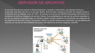 El servidor de archivos permite al cliente almacenar y acceder a información, por ejemplo archivos y
programas, que está ubicada en el servidor iSeries. Este servidor sustituye al servidor de carpeta de tipo 2
compartido que se utilizaba antes de V3R1. El servidor de archivos de OS/400 intercambia información con
el sistema de archivos integrado del servidor iSeries. Sus posibilidades de servicio de archivos equivalen a
las de una carpeta compartida, pero los clientes pueden acceder también a la información de cualquiera de
los sistemas de archivos nuevos. Los clientes utilizan su propia interfaz para interactuar con los sistemas de
archivos, en vez de con las interfaces de usuario del sistema de archivos integrado y las API.
 