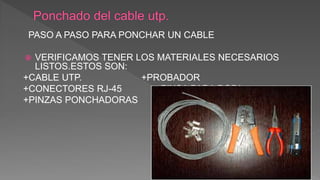 PASO A PASO PARA PONCHAR UN CABLE
 VERIFICAMOS TENER LOS MATERIALES NECESARIOS
LISTOS.ESTOS SON:
+CABLE UTP. +PROBADOR
+CONECTORES RJ-45 +PlNSA PARA ROPA
+PINZAS PONCHADORAS +CORTAUÑAS
 